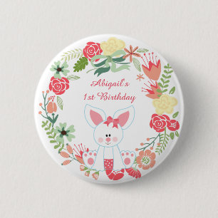 Niedliches Girl Bunny und Blume Kranz 1. Geburtsta Button