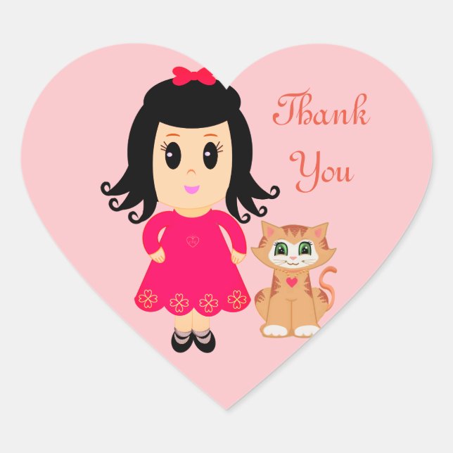 Niedliches Girl & eine Ingwer Katzenjungfrau auf r Herz-Aufkleber (Vorderseite)