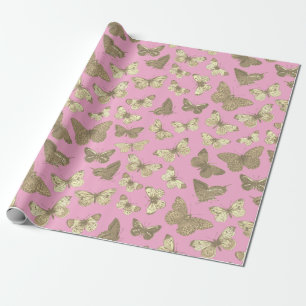 Niedliches Girl Golden Beige Schmetterling-Muster Geschenkpapier