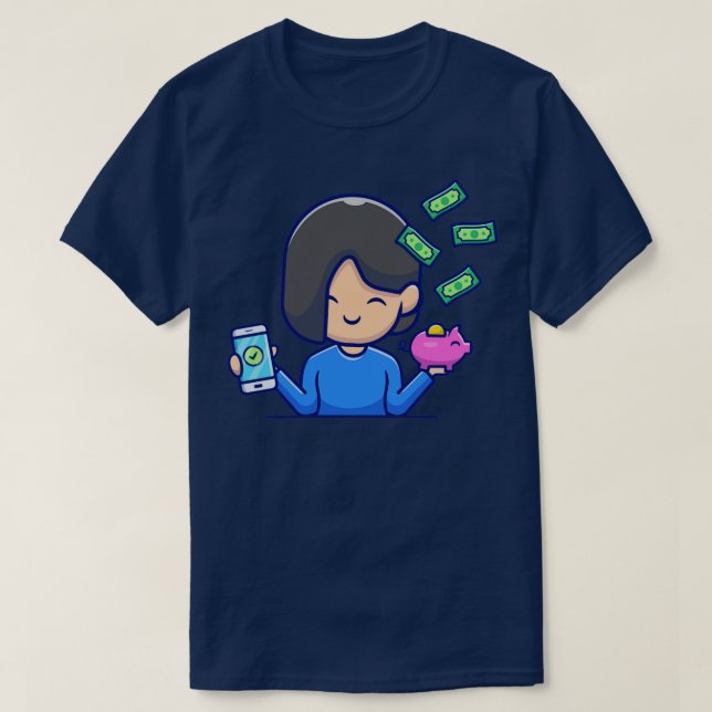 Niedliches Girl Holding Telefon und Piggy Bank mit T-Shirt (Design vorne)