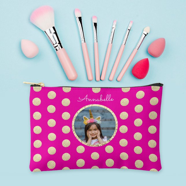 Niedliches Girl Hot Pink Gold Glitzer Foto und Nam Zubehörtasche (Von Creator hochgeladen)