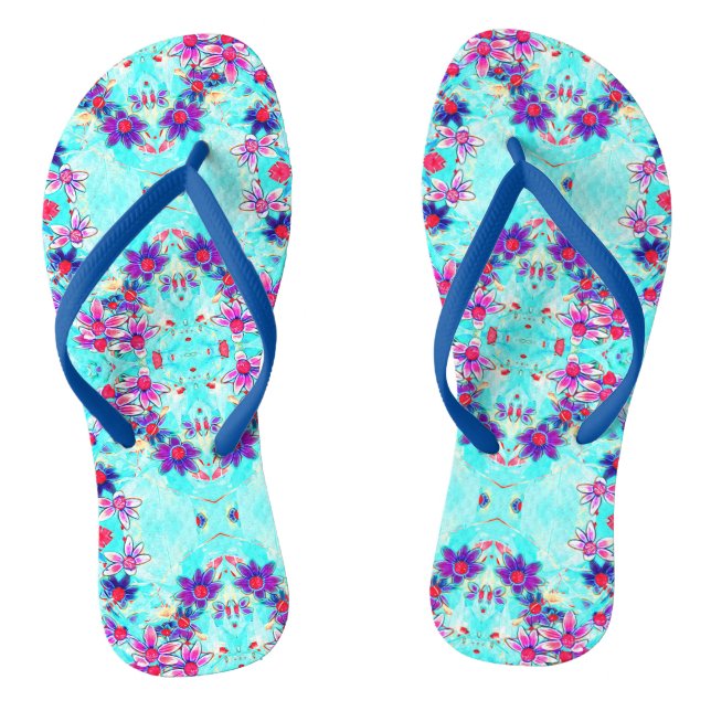 Niedliches Girl-Lila Blume Muster auf Aqua Blue Flip Flops (Fußbett)