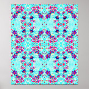 Niedliches Girl-Lila Blume Muster auf Aqua Blue Poster