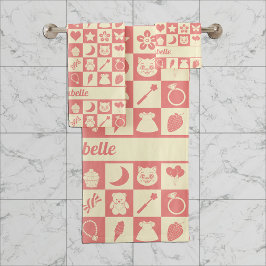 Niedliches Girl Modern Pink Checkered Icons Muster Badhandtuch Set