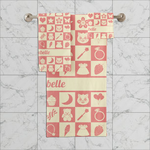 Niedliches Girl Modern Pink Checkered Icons Muster Badhandtuch Set