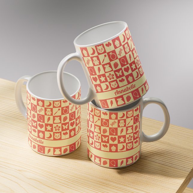 Niedliches Girl Modern Pink Checkered Icons Muster Kaffeetasse (Von Creator hochgeladen)
