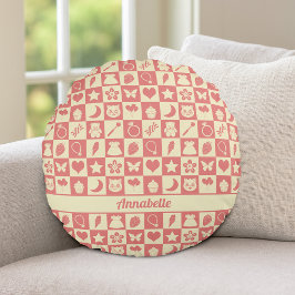Niedliches Girl Modern Pink Checkered Icons Muster Rundes Kissen