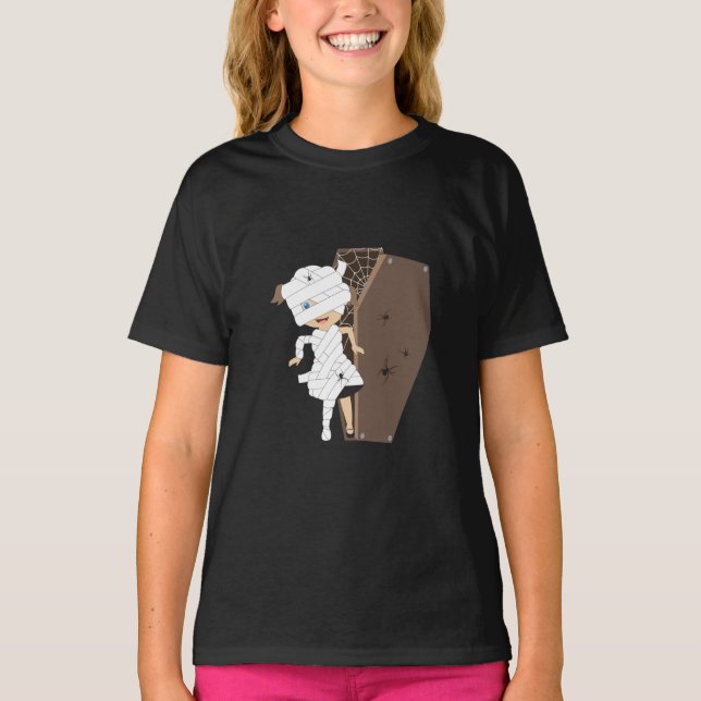Niedliches Girl-Mummy-Coffin Halloween-Design T-Shirt (Vorderseite)
