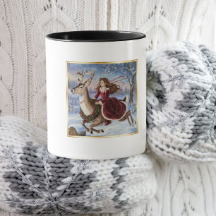 Niedliches Girl Reiten Hirsch im Schnee, romantisc Tasse