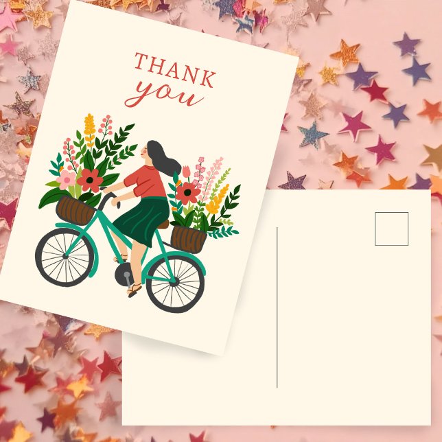 Niedliches Girl Riding Fahrrad mit Blume DANK Postkarte (Cute Girl Riding Bicycle w Flowers THANK YOU Postcard
)