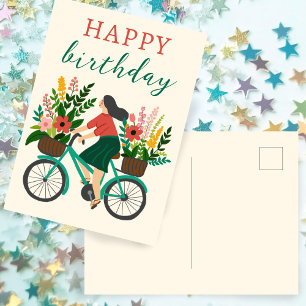 Niedliches Girl Riding Fahrrad mit Blume Gerne zum Postkarte