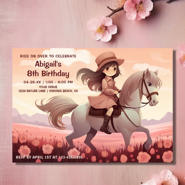 Niedliches Girl Riding Pferd und Rosa Blume Geburt Einladung (Front - Cute Girl Riding Horse and Pink Flowers Birthday Invitation)