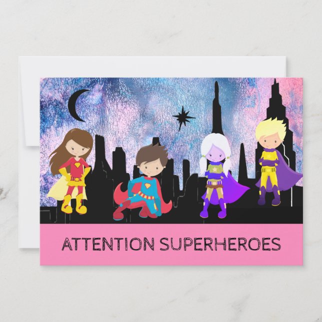 *~* Niedliches Girl SUPERHEROS Kindergeburtstag Pa Einladung (Vorderseite)