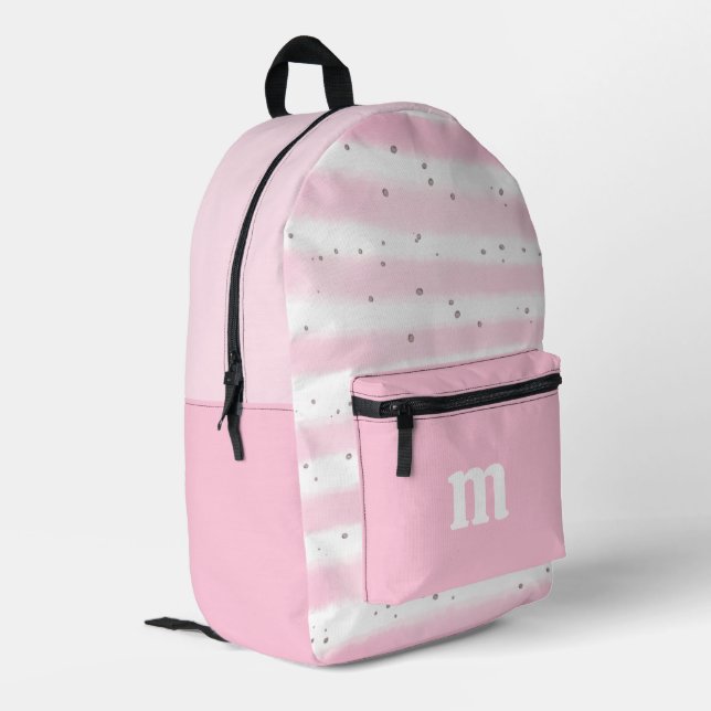 Niedliches Girl's Pink White Stripes Dots Monogram Bedruckter Rucksack (Rückseitige Ecke links)