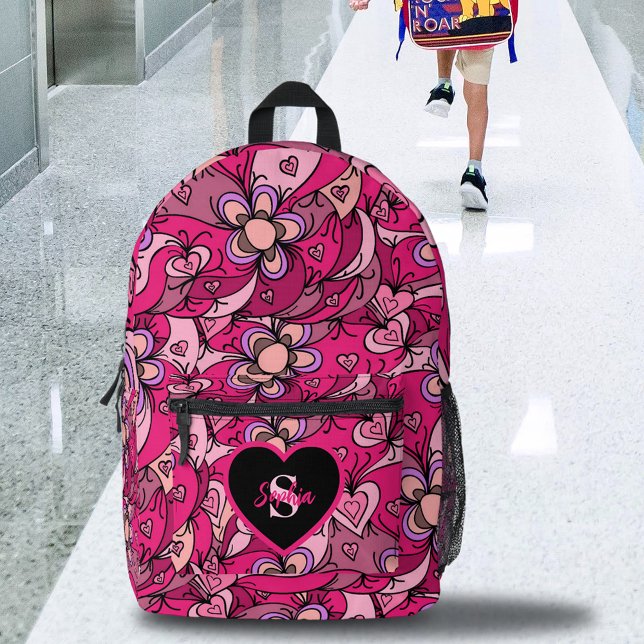 Niedliches Girly Floral Muster mit Herzname Initia Bedruckter Rucksack (Von Creator hochgeladen)