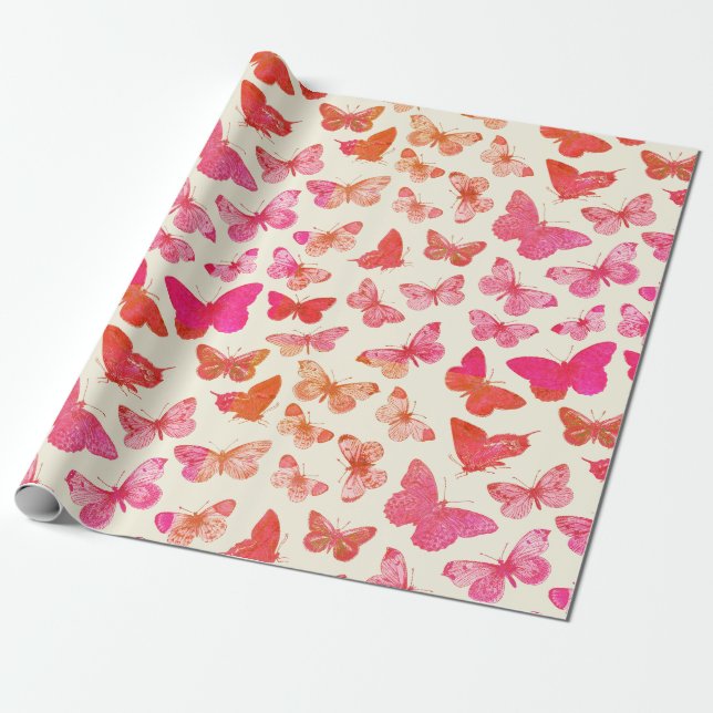Niedliches Girly Groovy Pink Butterfly-Muster Geschenkpapier (Ungerollt)