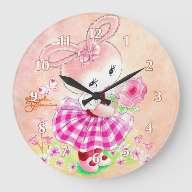 Niedliches Girly Häschen Große Wanduhr (Vorderseite)