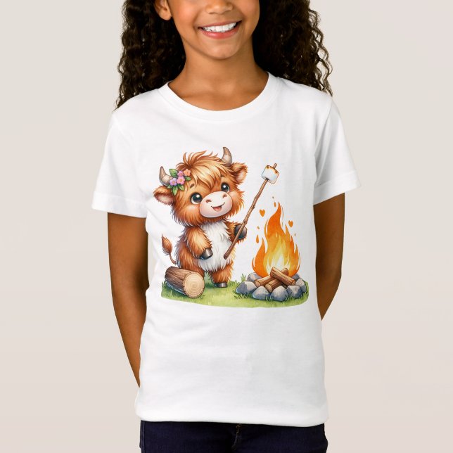 Niedliches Girly Highland Cow Camping Smores T-Shirt (Vorderseite)