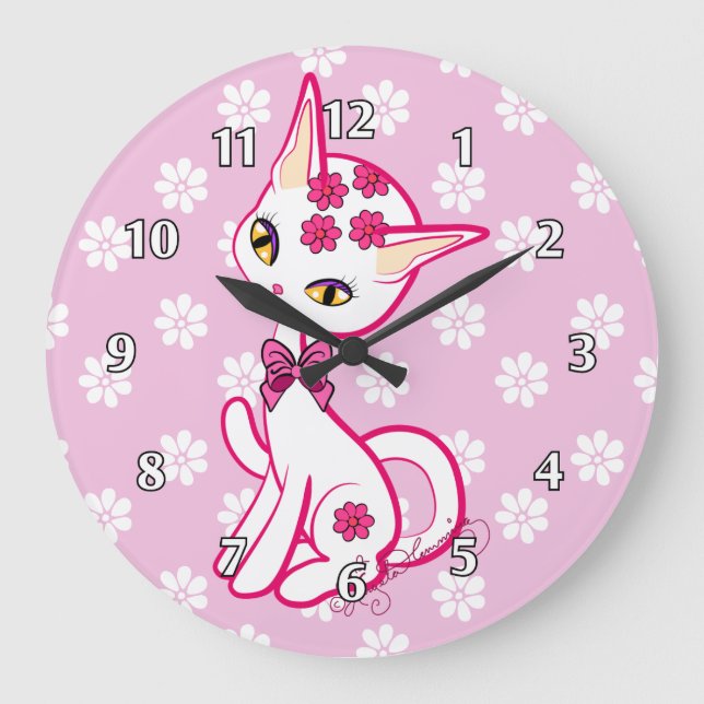 Niedliches girly Kitty-Katzen-Rosa ~ Große Wanduhr (Vorderseite)