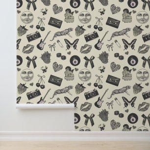Niedliches Girly Retro Black Beige Ästhetik Muster Tapete