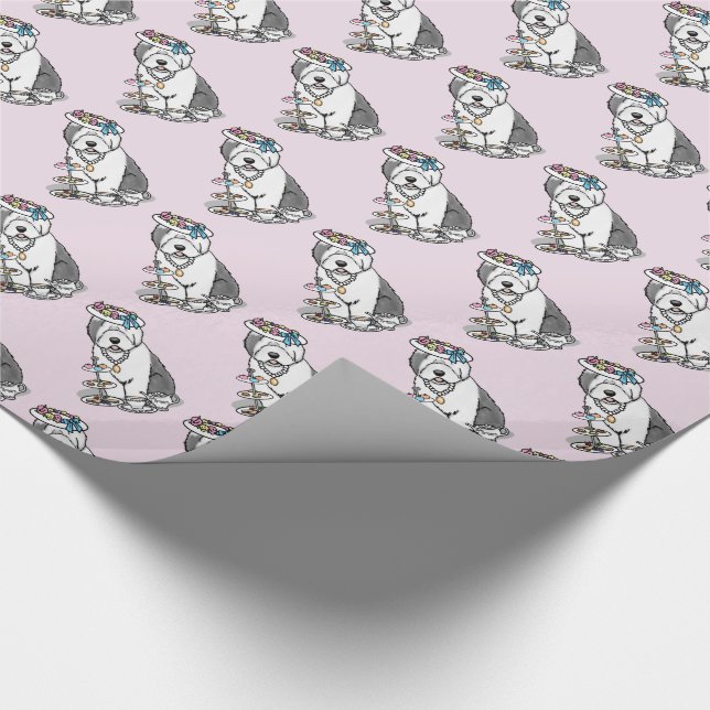 Niedliches Girly Tea Party Altes Englisch Sheepdog Geschenkpapier (Ecke)