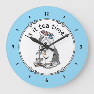Niedliches Girly Tea Party Altes Englisch Sheepdog Große Wanduhr