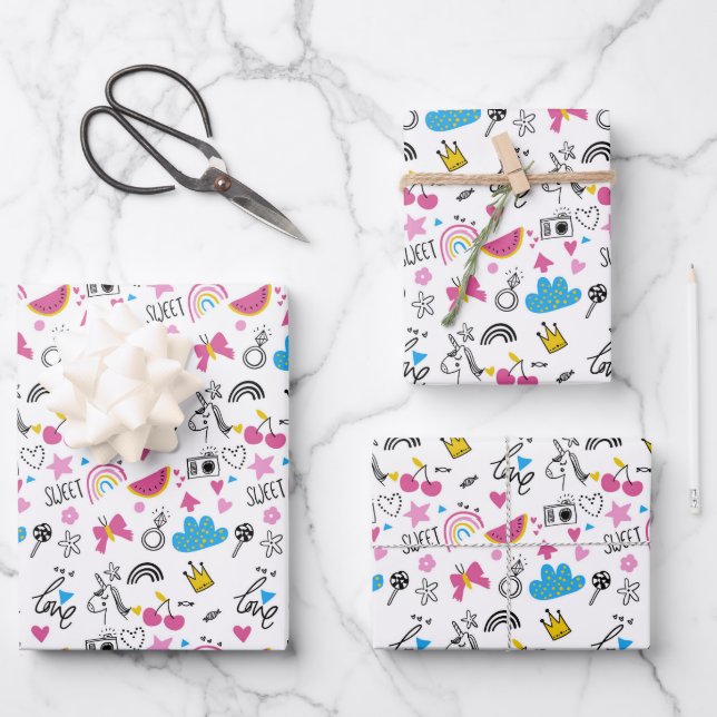Niedliches Girly Unicorn Regenbogen Herz farbiges  Geschenkpapier Set (Vorderseite)