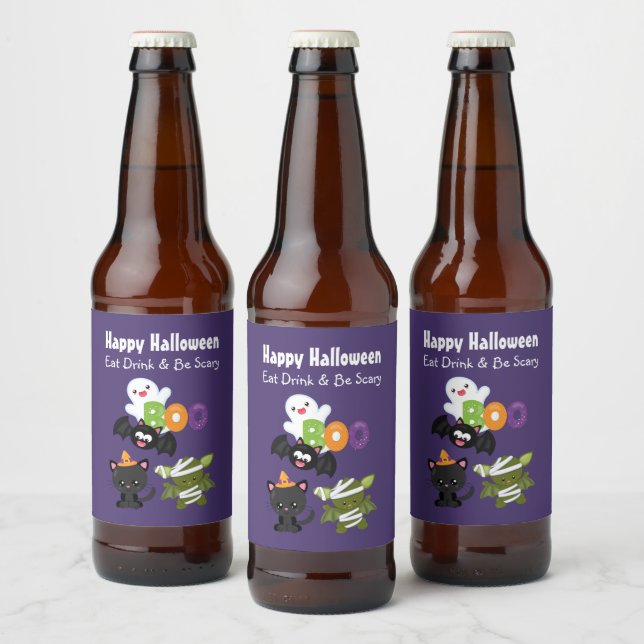 Niedliches Glück Halloween Katze, Bat, Mummy & Gho Bierflaschenetikett (Flaschen)