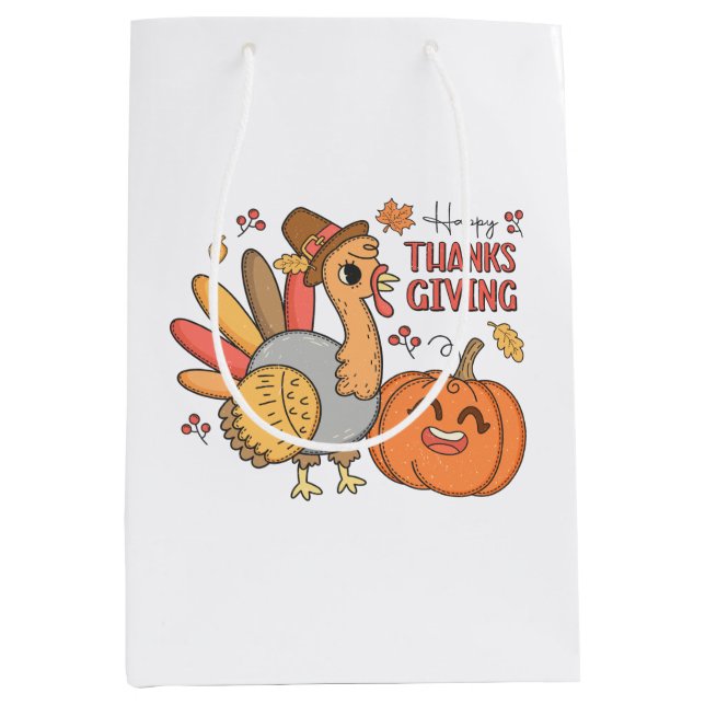 Niedliches Glück Thanksgiving Türkei Pumpkin Mittlere Geschenktüte (Vorderseite)