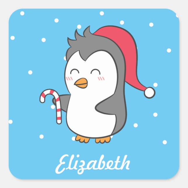 Niedliches Glück Weihnachten Pinguin Candy Cane fü Quadratischer Aufkleber (Vorderseite)