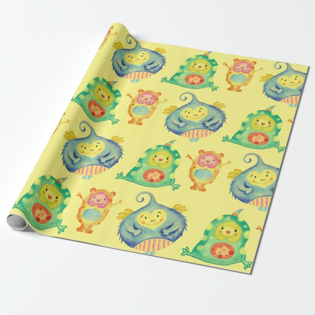 NIEDLICHES GLÜCKLICHES MONSTER FÜR BABIES-WRAPPING GESCHENKPAPIER (Ungerollt)
