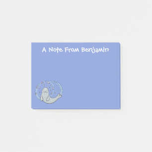 Niedliches glückliches Siegel und Cartoon in Fisch Post-it Klebezettel