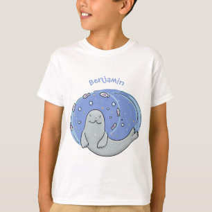 Niedliches glückliches Siegel und Cartoon in Fisch T-Shirt