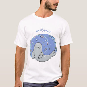 Niedliches glückliches Siegel und Cartoon in Fisch T-Shirt