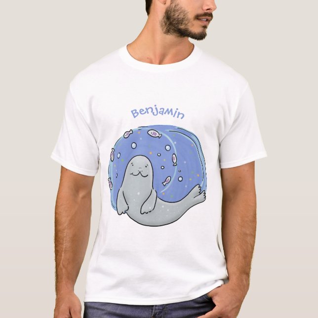 Niedliches glückliches Siegel und Cartoon in Fisch T-Shirt (Vorderseite)