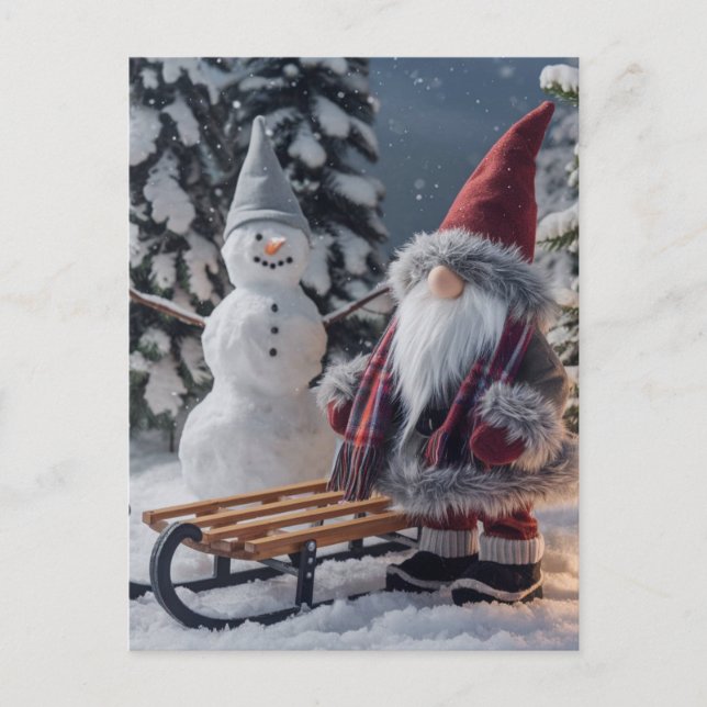 Niedliches Gnom in Santa-Kleidung mit Schlitten Postkarte (Vorderseite)