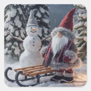 Niedliches Gnom in Santa-Kleidung mit Schlitten Quadratischer Aufkleber