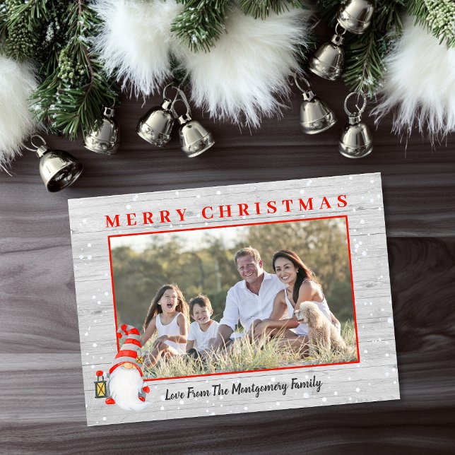 Niedliches Gnome Custom Foto Rustikale Weihnachten (Cute Gnome Custom Photo Rustic Christmas Holiday Card)