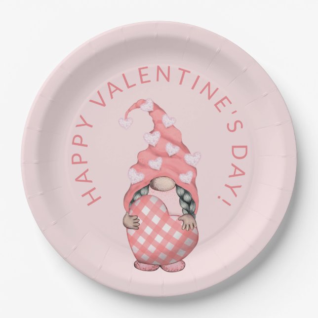 Niedliches Gnome Happy Valentines Day Party Pappteller (Vorderseite)