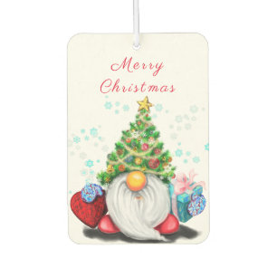 Niedliches Gnome mit Weihnachtsbaumhut und Geschen Autolufterfrischer