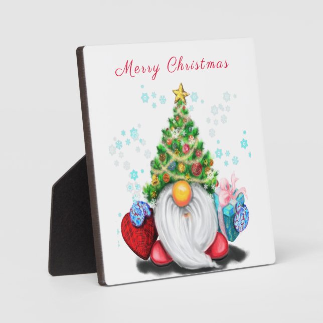 Niedliches Gnome mit Weihnachtsbaumhut und Geschen Fotoplatte (Vorderseite)