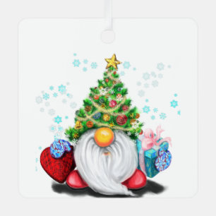 Niedliches Gnome mit Weihnachtsbaumhut und Geschen Ornament Aus Metall