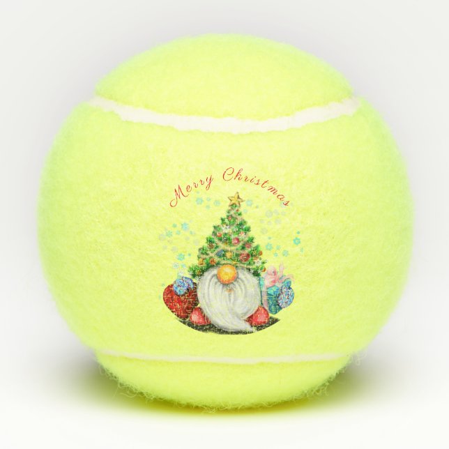 Niedliches Gnome mit Weihnachtsbaumhut und Geschen Tennisbälle (Rückseite)