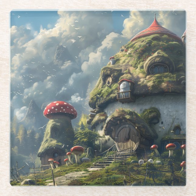 Niedliches Gnome, Pilzhaus Glasuntersetzer (Vorderseite)