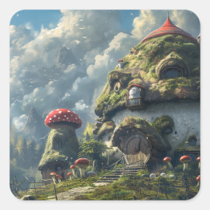 Niedliches Gnome, Pilzhaus Quadratischer Aufkleber