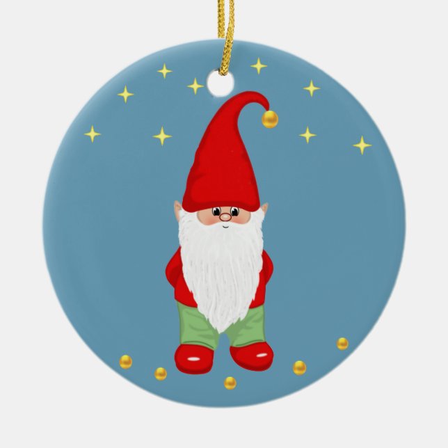 Niedliches Gnome, Sterne und Gold Confetti auf Sky Keramik Ornament (Vorne)