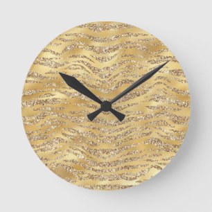 Niedliches Gold Tiger Skin Print Patches Runde Wanduhr