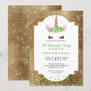 Niedliches Gold Unicorn St Patrick's Day Party Einladung
