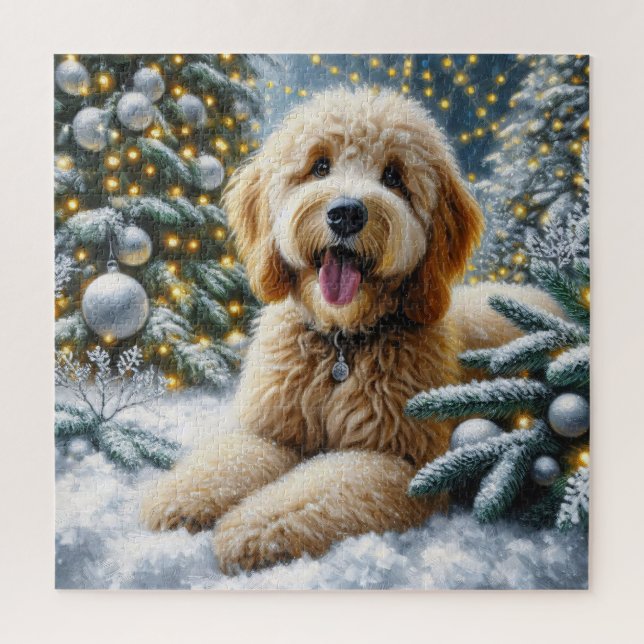 Niedliches Goldendoodle Dog Winter Wonderland Puzzle (Vertikal)