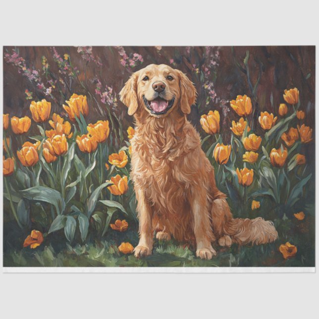 Niedliches Goldenes Retriever im Tulip Garden Seidenpapier (Vorderseite)